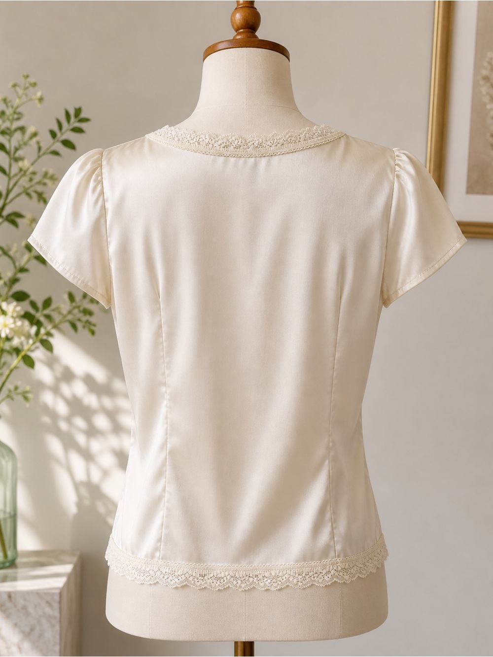Vintage Cream Satin/Silk tie front cardigan babydoll top with lace trim - Picture 2 of 6